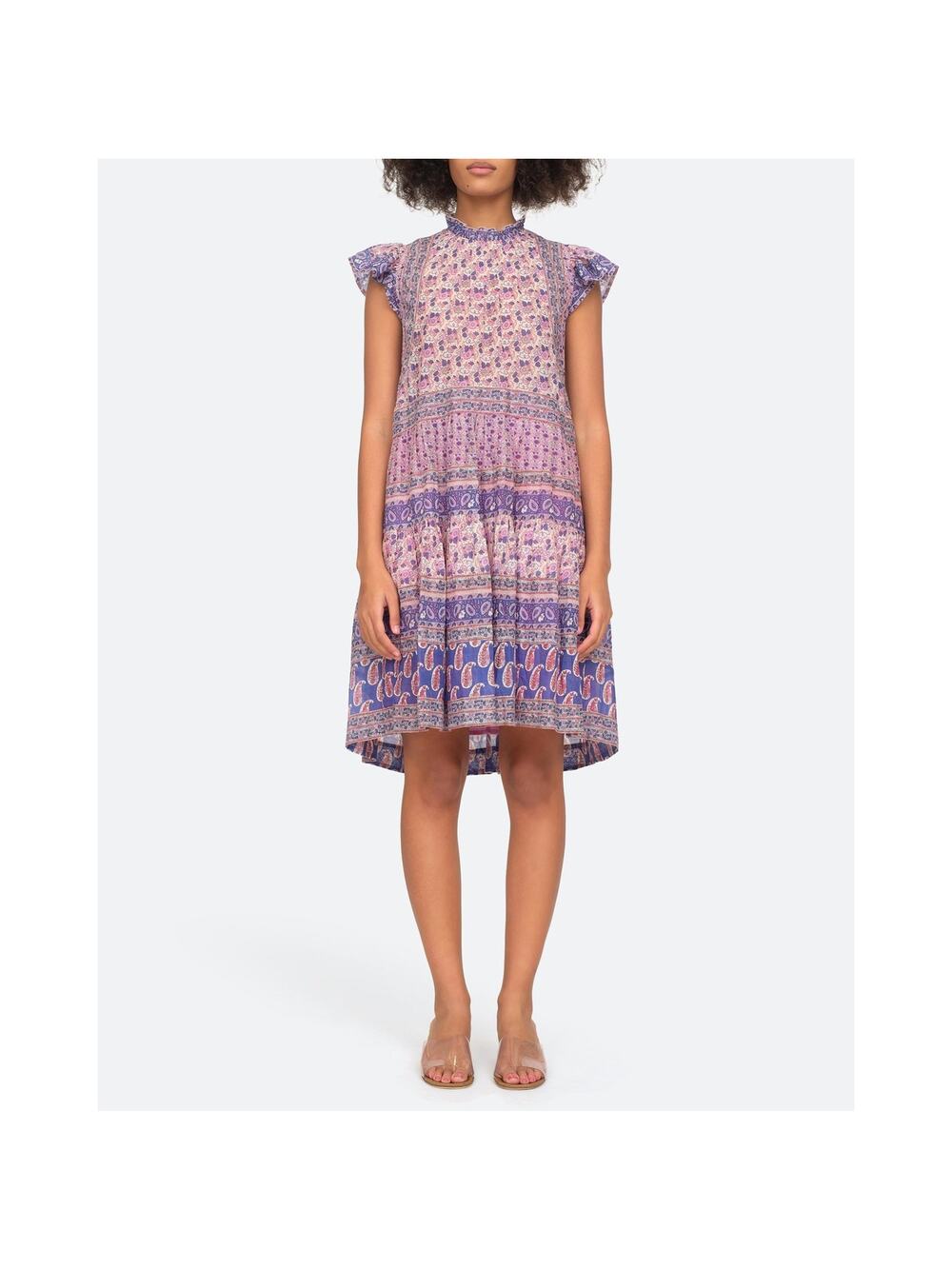 SEA New York Bianca Tunic Mini Dress Violet Floral Print Flutter Sleeve SZ 4 US